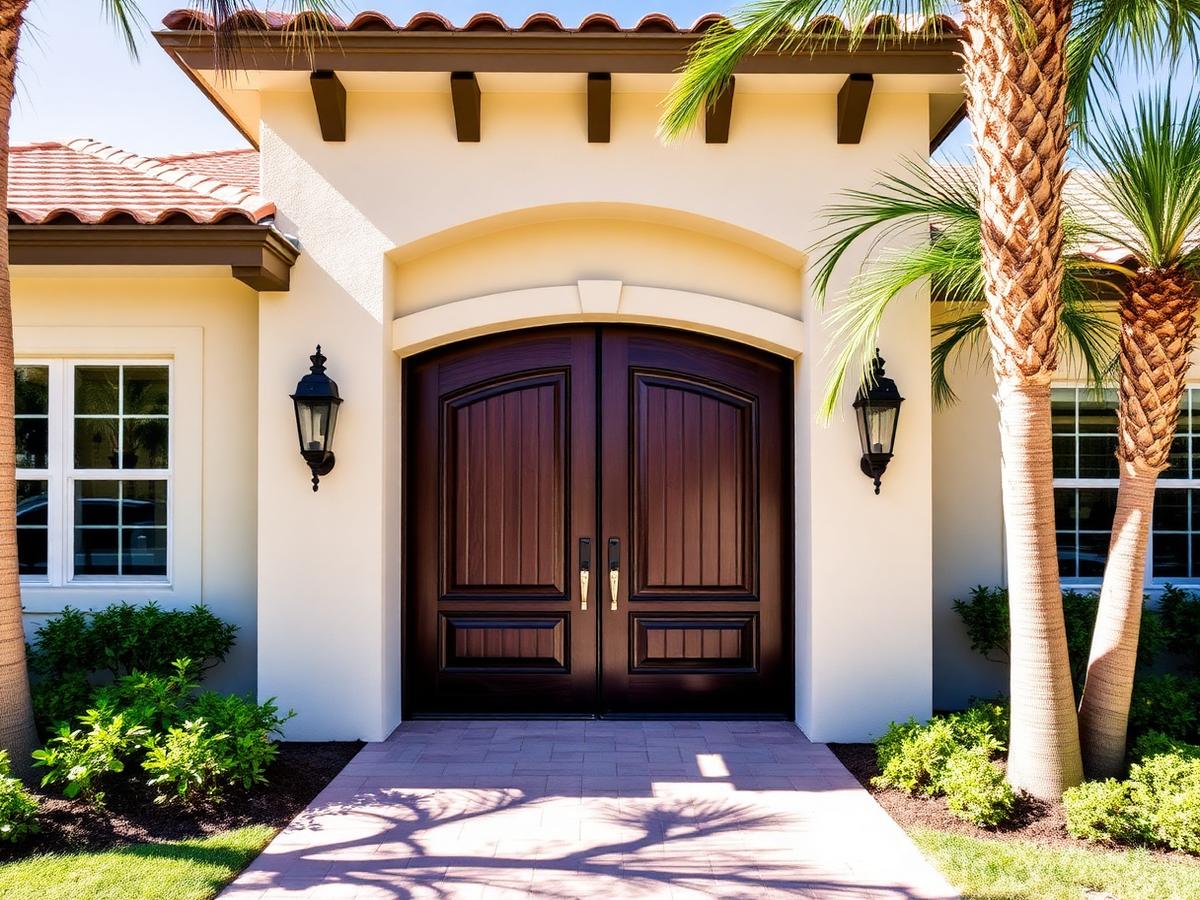 Dark wood-grain fiberglass entry doors