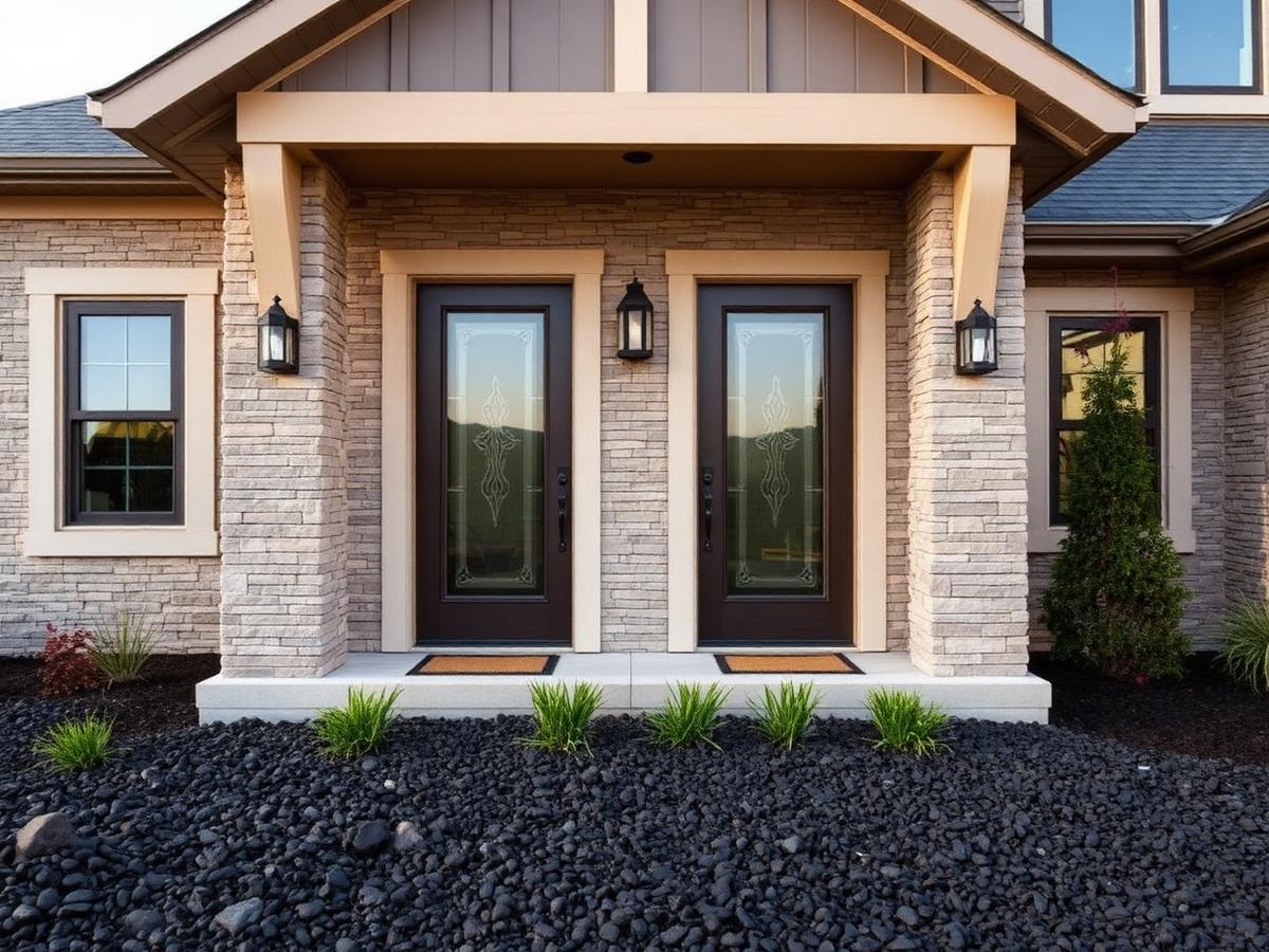 Etched glass double front doors on a stone facade